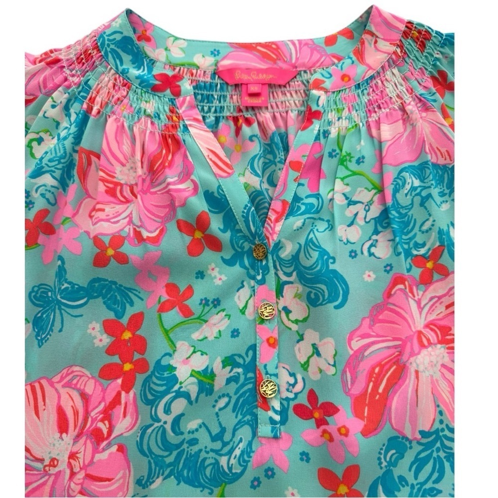 Lilly Pulitzer Elsa Silk Top Surf Blue Luscious Lions Floral Blouse XS - Picture 5 of 11